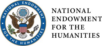 NEH logo, round with blue circle with words National Endowment for the Humanities. Inside circle has an eagle with American flag. 